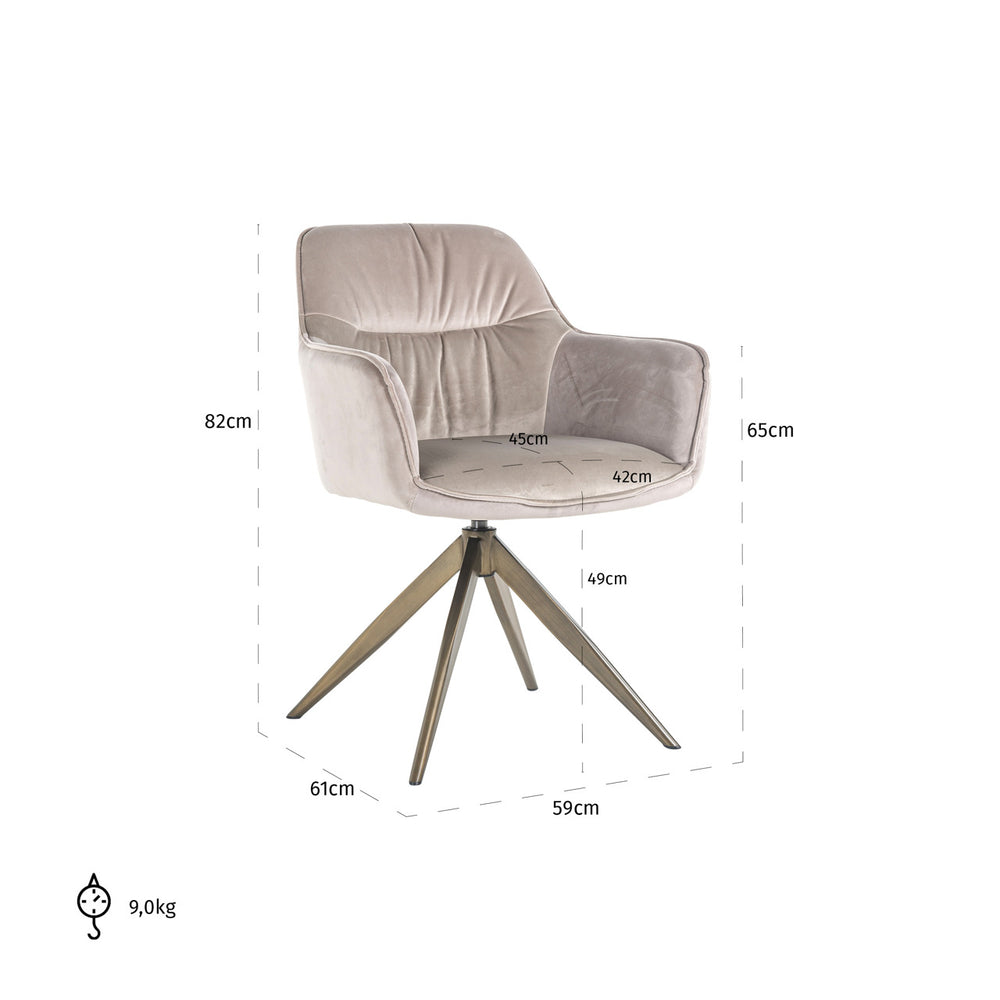 Scaun dining Aline, catifea kaki, rotativ, ignifug – desen tehnic cu dimensiuni
