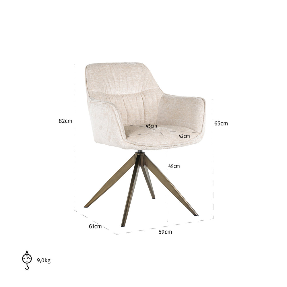 Scaun dining Aline, chenille albă, rotativ, ignifug – desen tehnic cu dimensiuni
