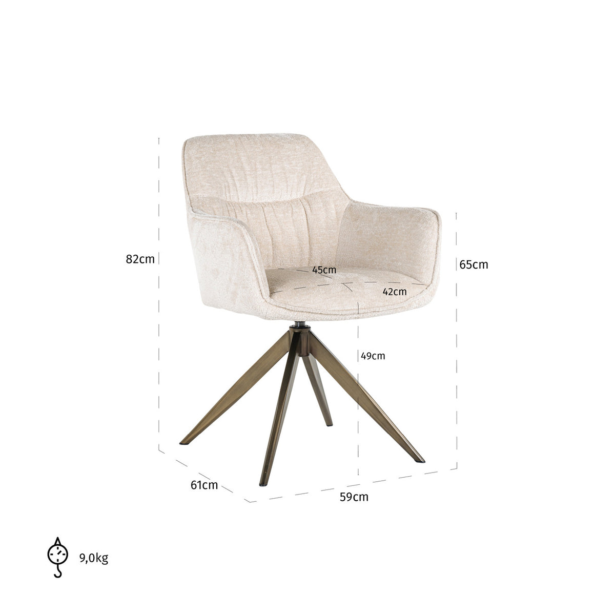 Scaun dining Aline, chenille albă, rotativ, ignifug – desen tehnic cu dimensiuni