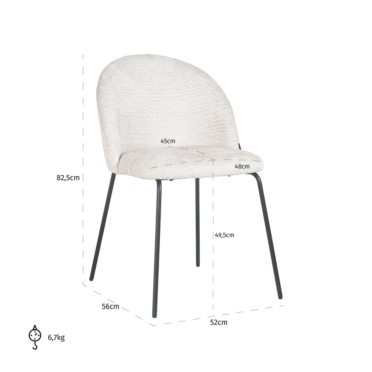 Scaun dining Alyssa, fusion crem (set de 2) – desen tehnic cu dimensiuni