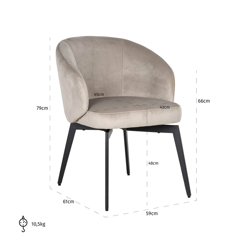 Scaun dining Amphara, catifea kaki, ignifug – desen tehnic cu dimensiuni