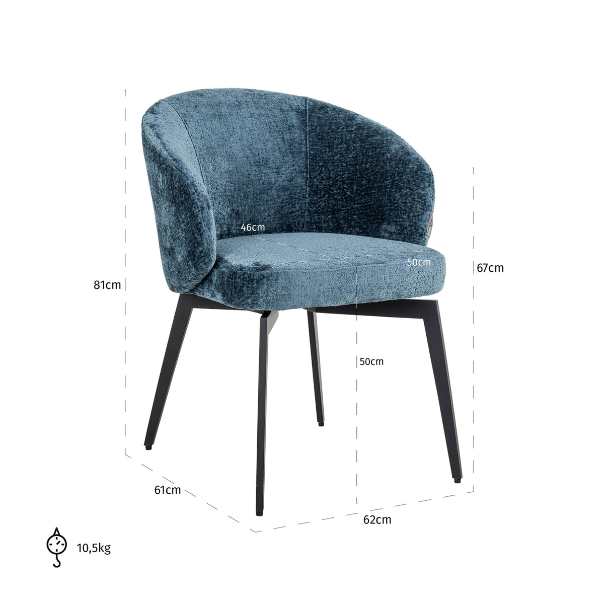 Scaun dining Amphara, chenille albastră, ignifug – desen tehnic cu dimensiuni