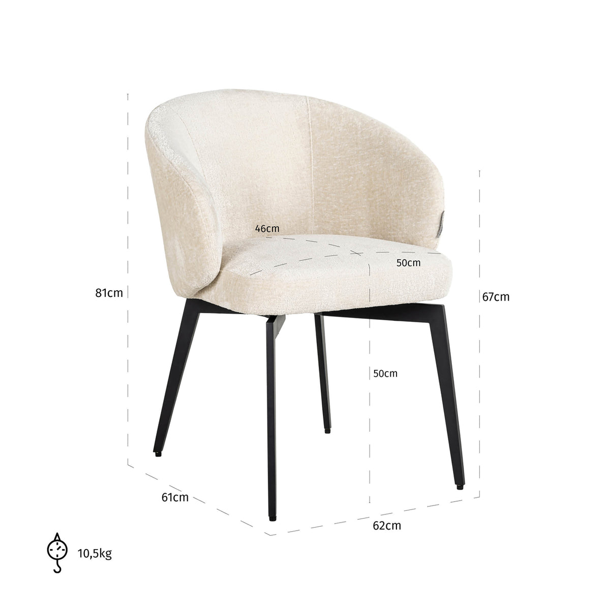Scaun dining Amphara FR, chenille albă, ignifug – desen tehnic cu dimensiuni