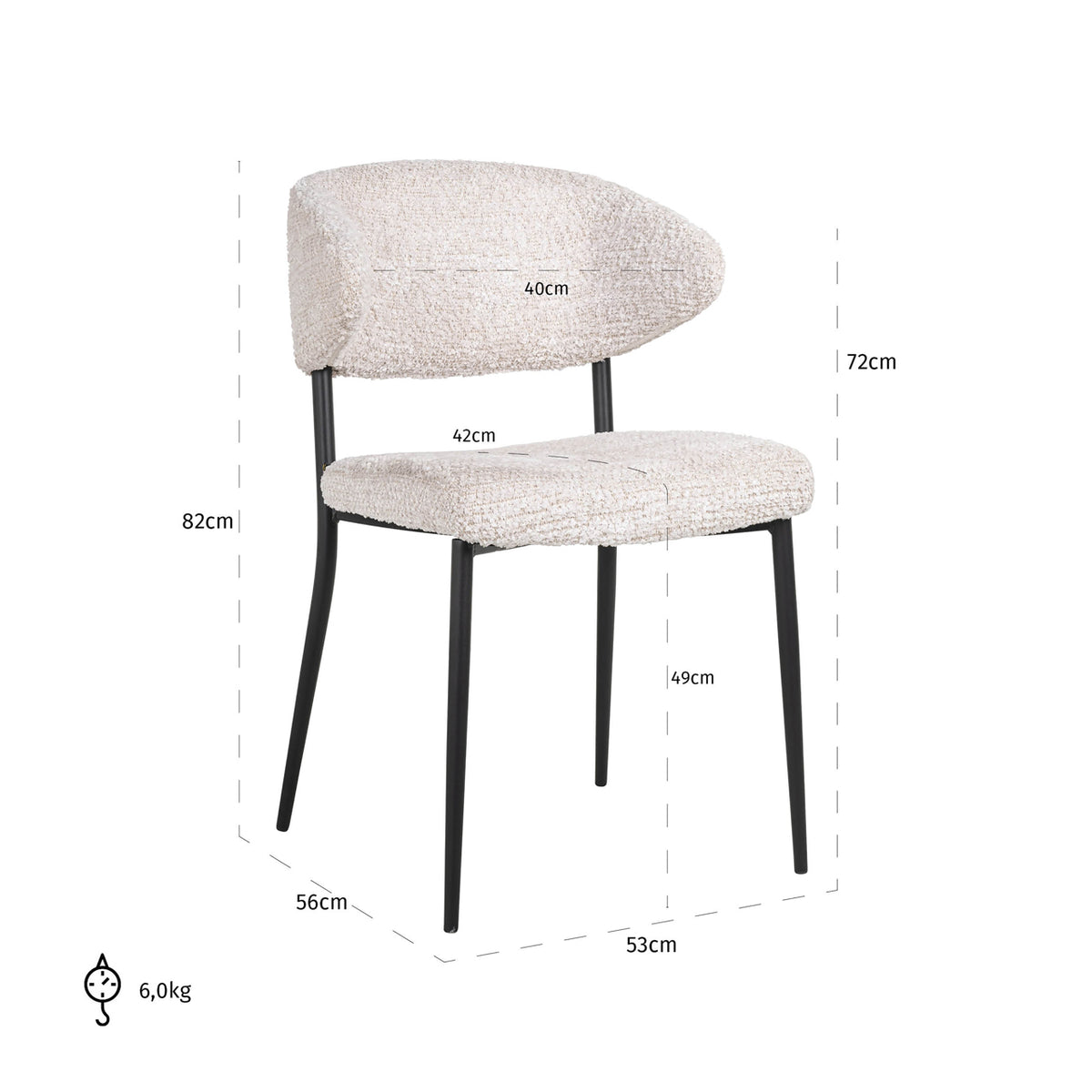 Scaun dining Bea, lovely crem (set de 2) – desen tehnic cu dimensiuni