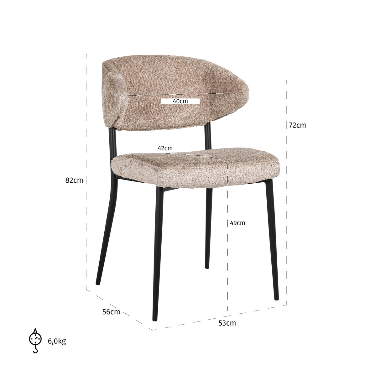 Scaun dining Bea, sheep natural (set de 2) – desen tehnic cu dimensiuni