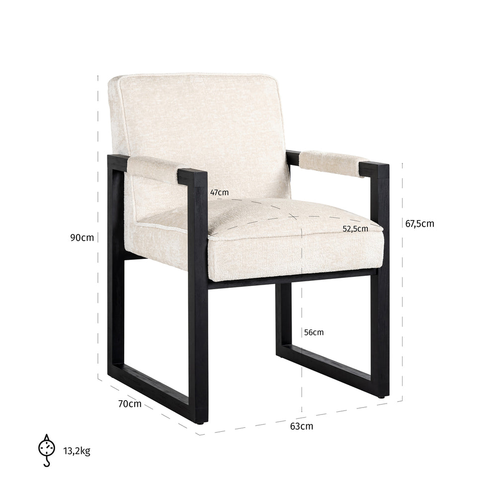 Scaun dining Beck, chenille albă – desen tehnic cu dimensiuni