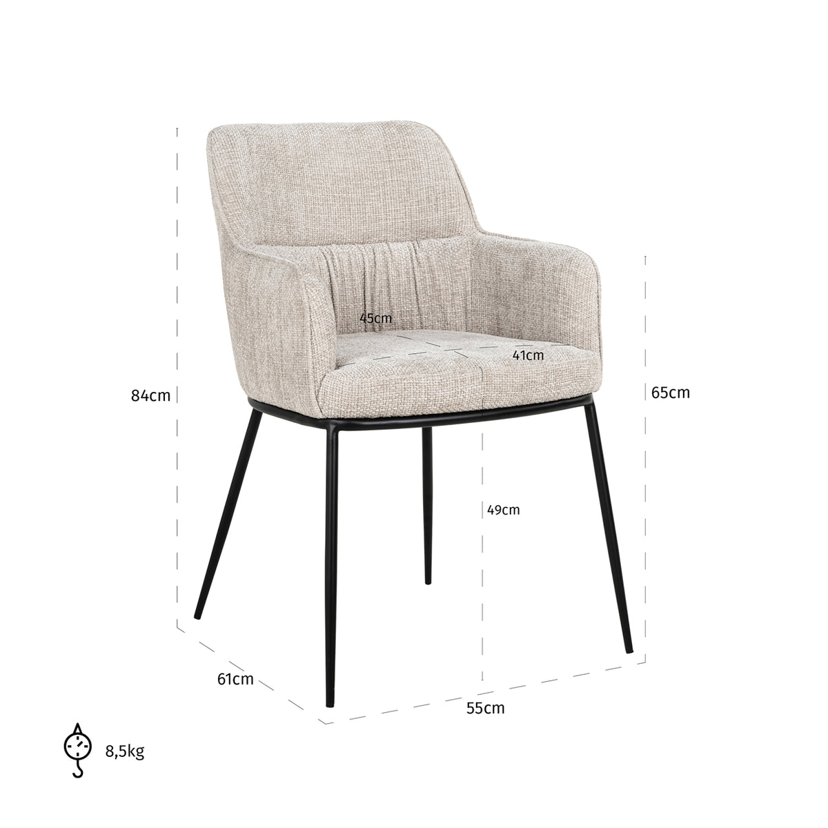 Scaun dining Bella, renegade natural – desen tehnic cu dimensiuni