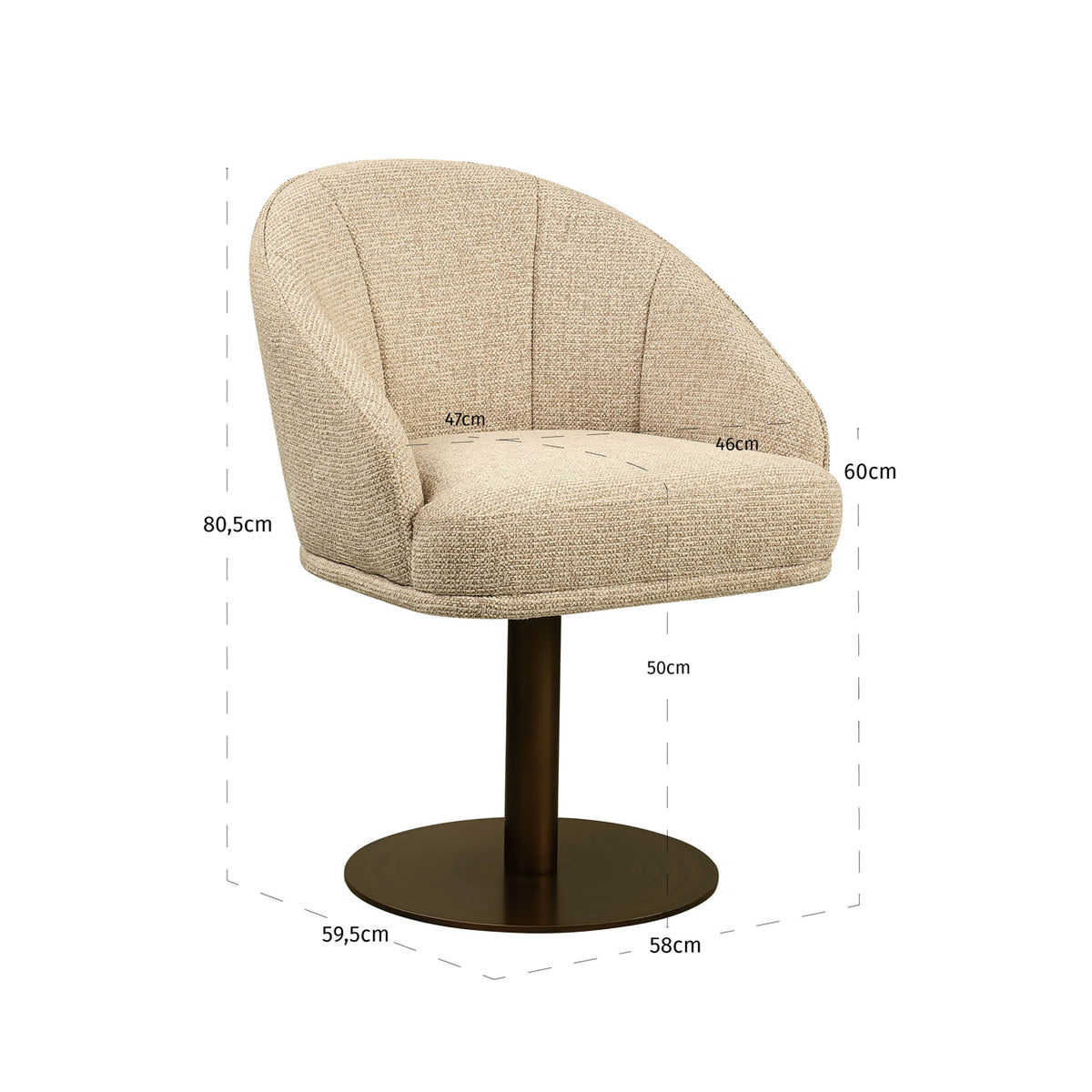 Scaun dining Beverly, fancy natural, rotativ – desen tehnic cu dimensiuni