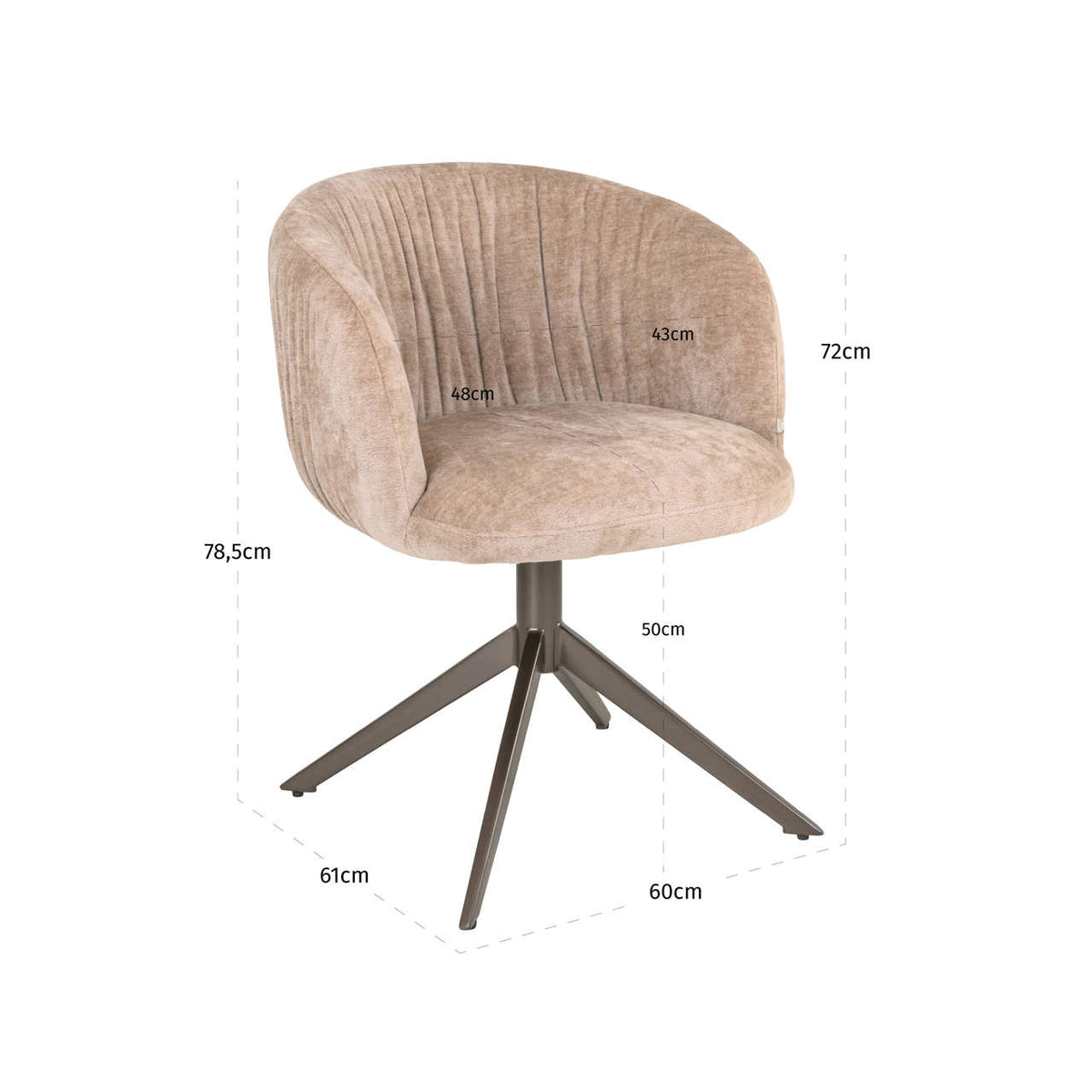 Scaun dining Cassi, soft nisip, rotativ – desen tehnic cu dimensiuni