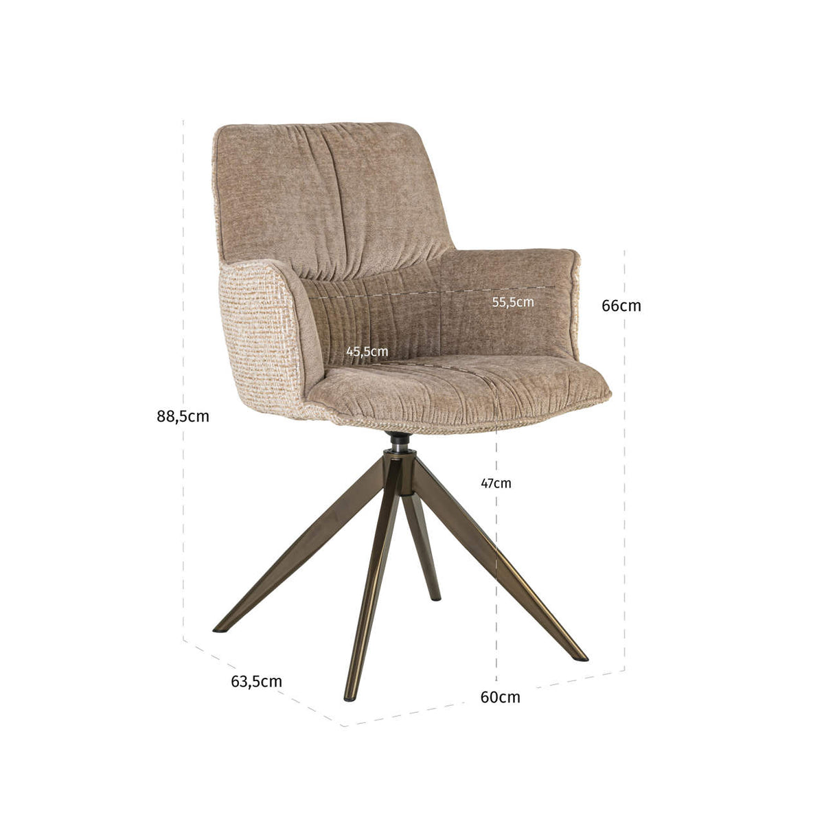 Scaun dining Chase, blockweave crem, rotativ – desen tehnic cu dimensiuni