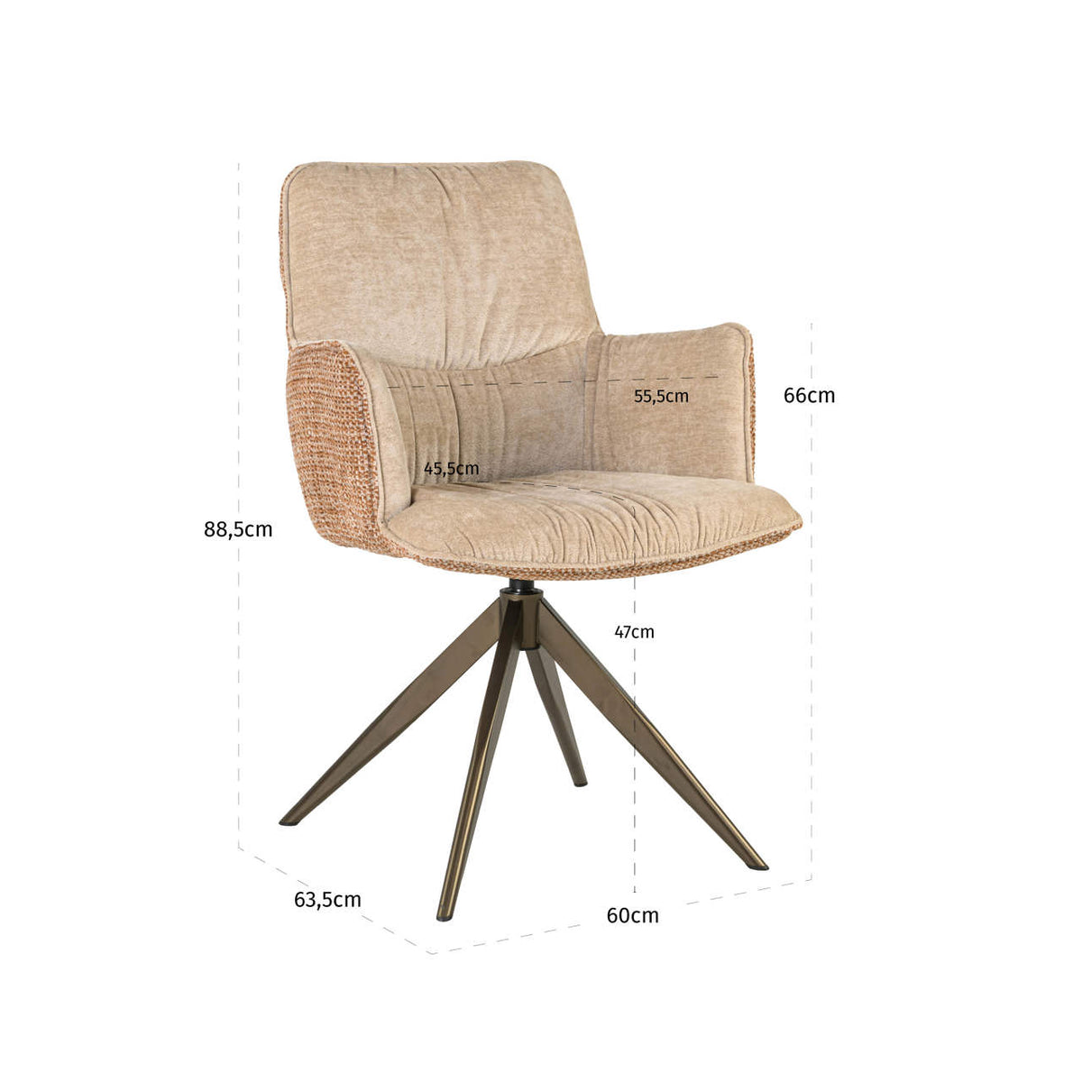Scaun dining Chase, ginger jacquard, rotativ – desen tehnic cu dimensiuni