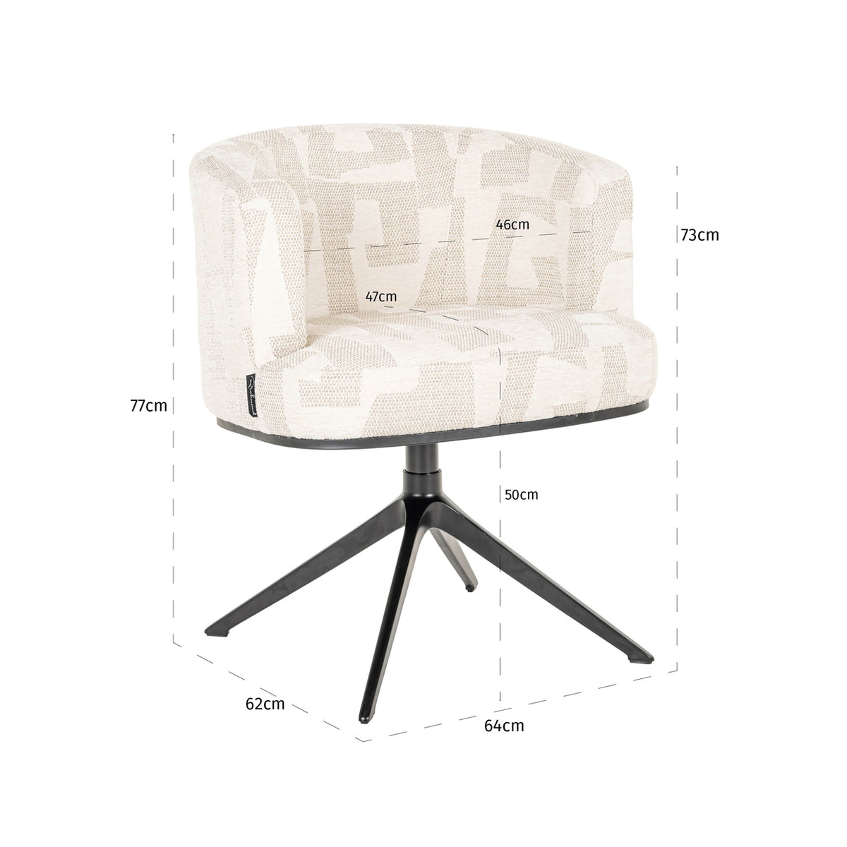 Scaun dining Cheyenne, graffic bej, rotativ – desen tehnic cu dimensiuni