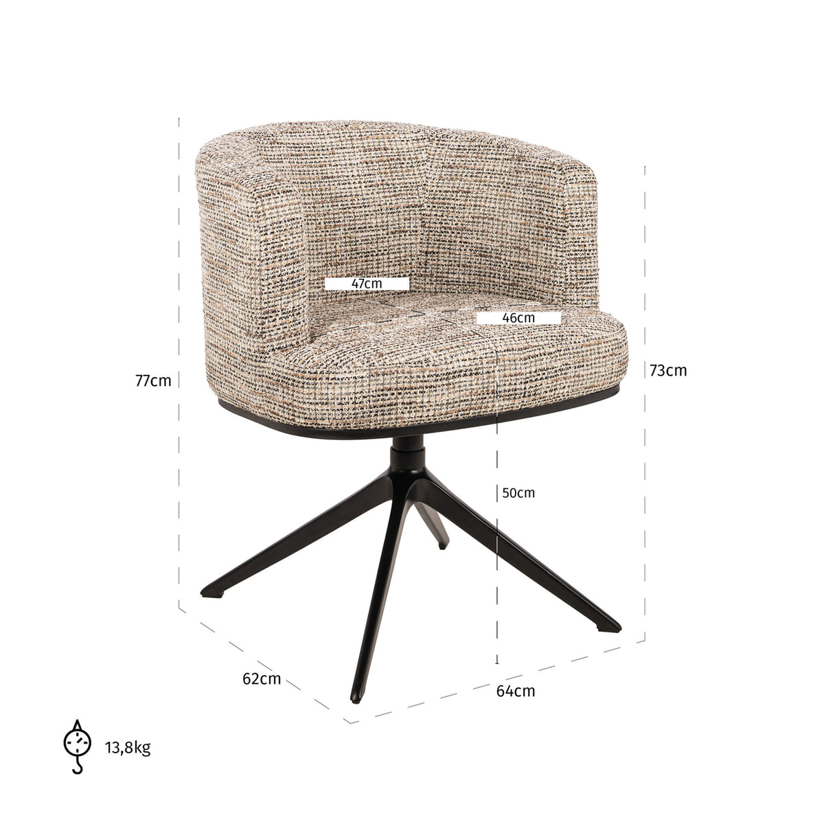 Scaun dining Cheyenne, trendy nature, rotativ – desen tehnic cu dimensiuni
