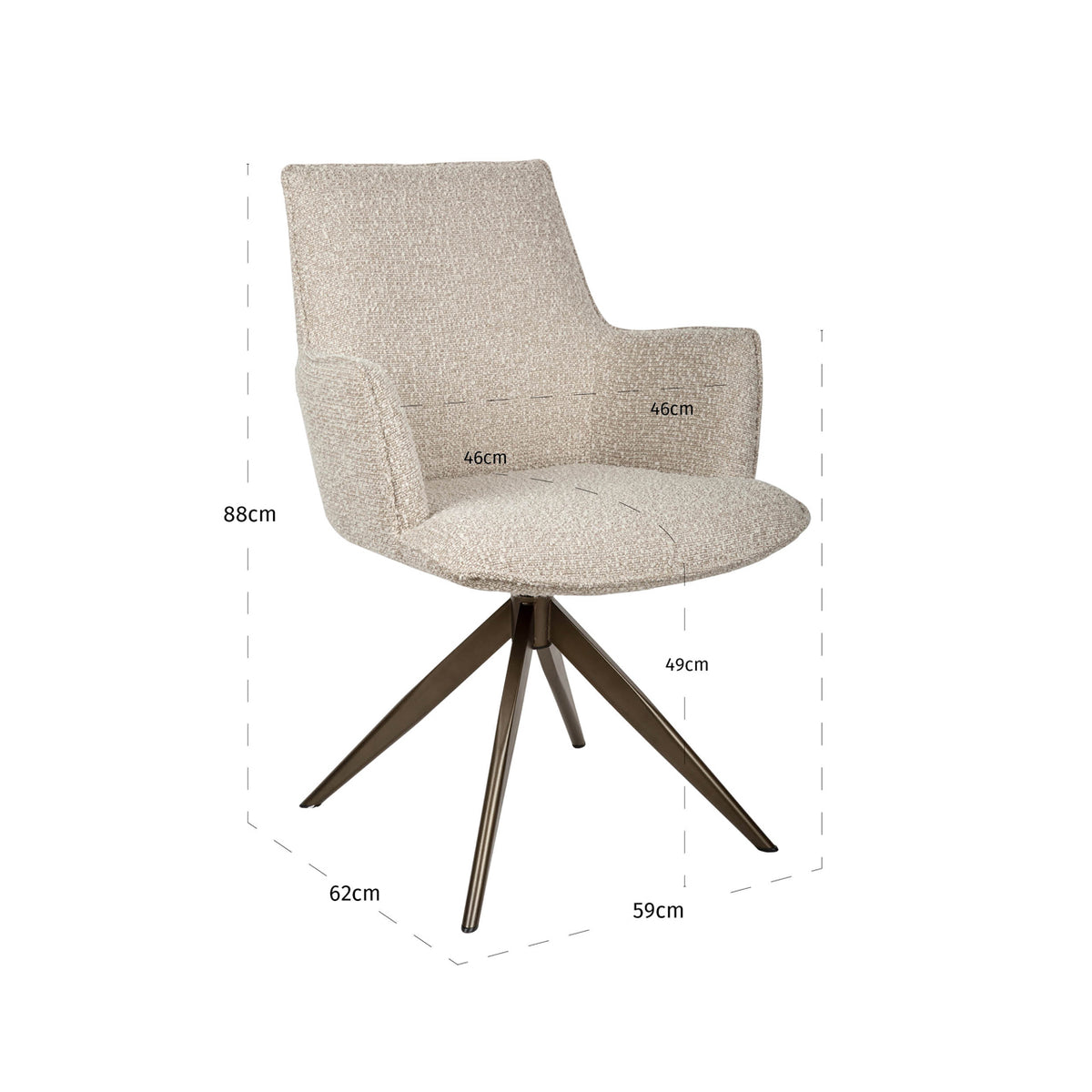 Scaun dining Dakota, chunky natural, rotativ, cu brațe – desen tehnic cu dimensiuni
