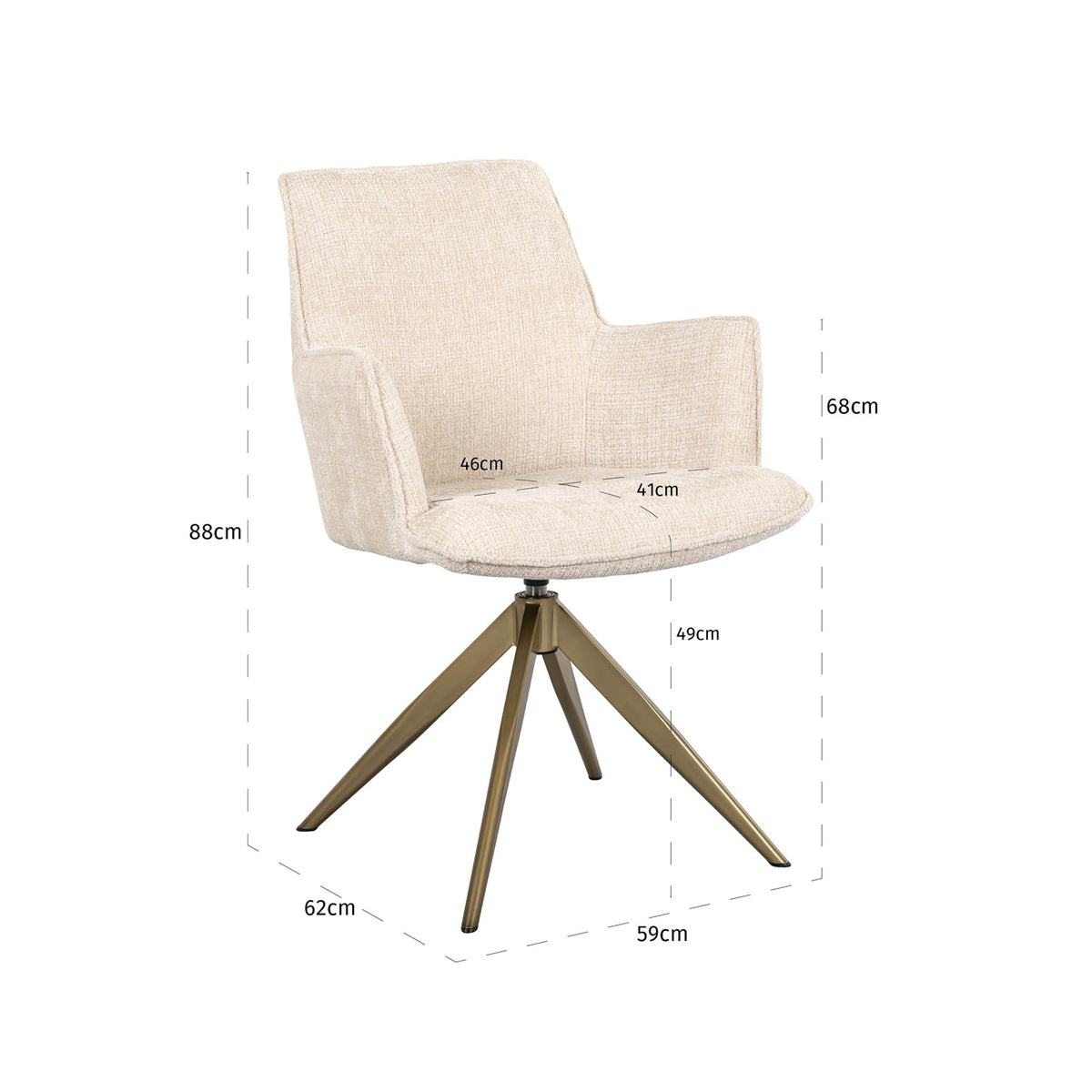 Scaun dining Dakota, niagara bej, rotativ cu brațe – desen tehnic cu dimensiuni