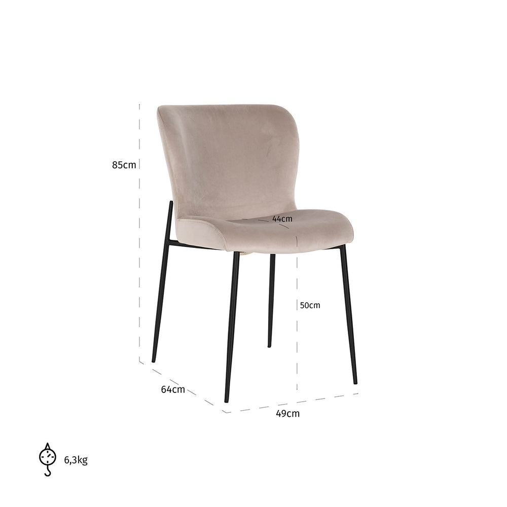 Scaun dining Darby, catifea kaki, ignifug (set de 2) – desen tehnic cu dimensiuni