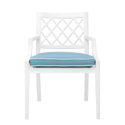 Scaun dining de exterior Paladium cu brațe, finisaj alb, Sunbrella albastru mineral