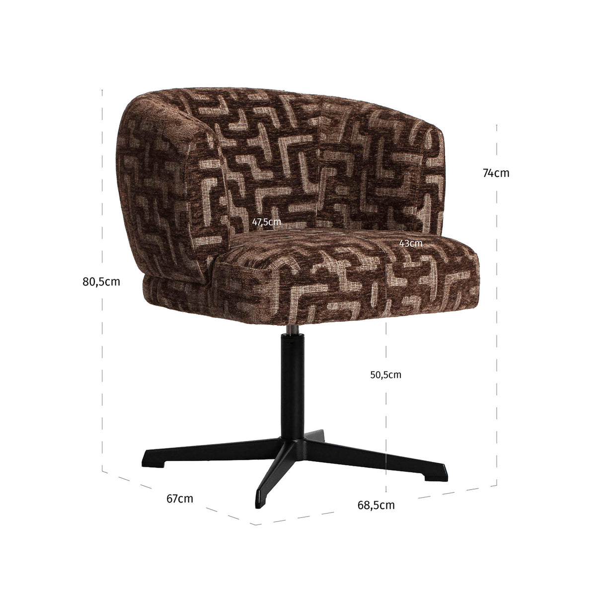 Scaun dining Dinan, labyrinth maro, rotativ, ignifug – desen tehnic cu dimensiuni