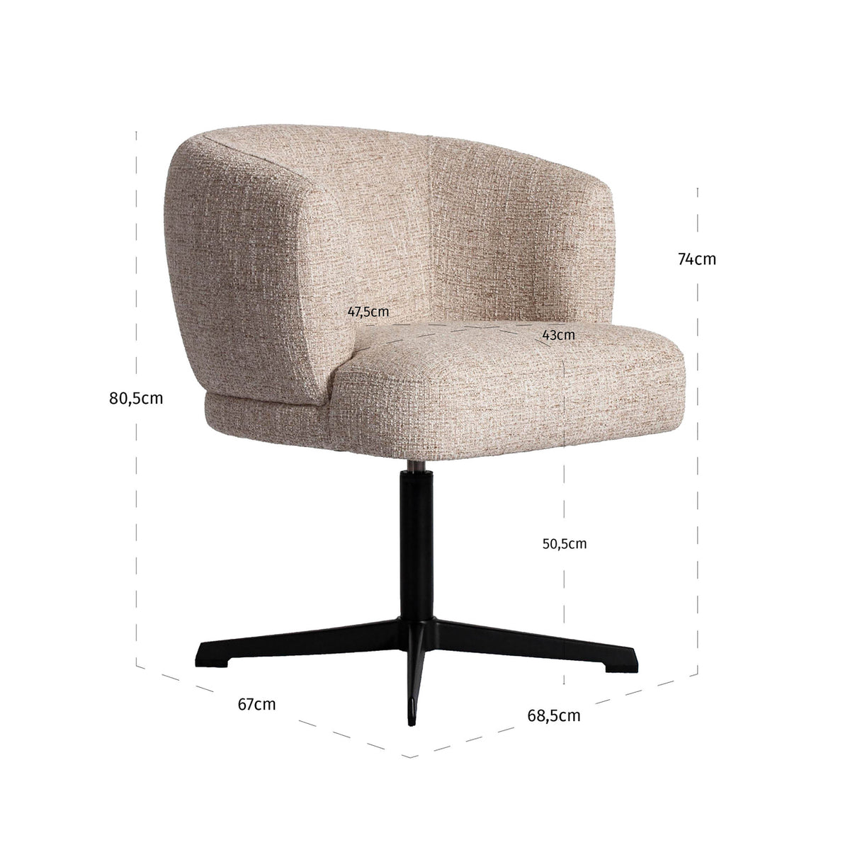 Scaun dining Dinan, tweed crem, rotativ, ignifug – desen tehnic cu dimensiuni