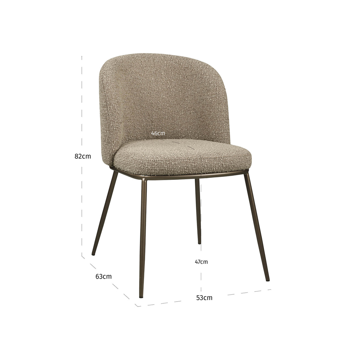 Scaun dining Elvi, chunky moca, ignifug (set de 2) – desen tehnic cu dimensiuni