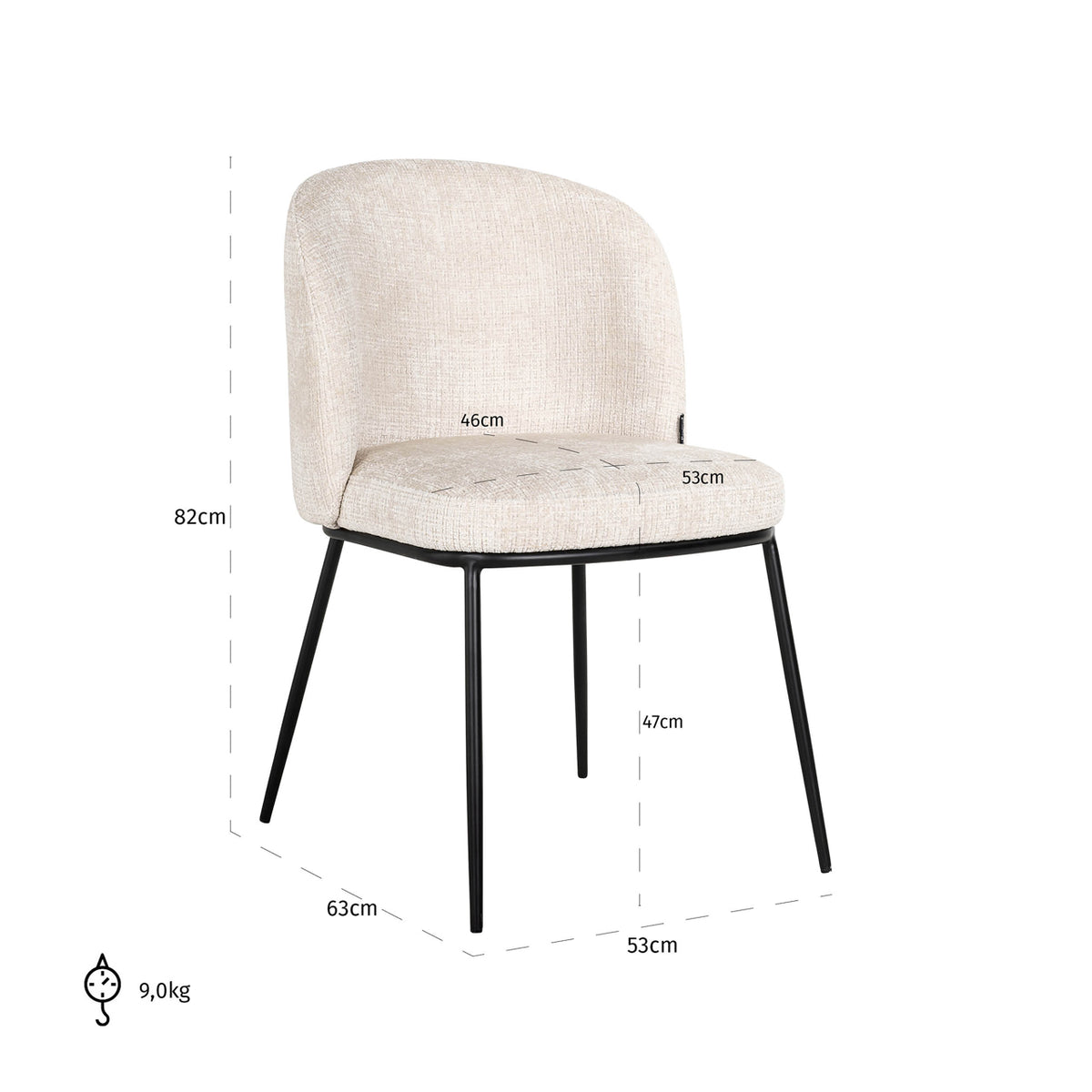 Scaun dining Elvi, niagara bej, ignifug (set de 2) – desen tehnic cu dimensiuni