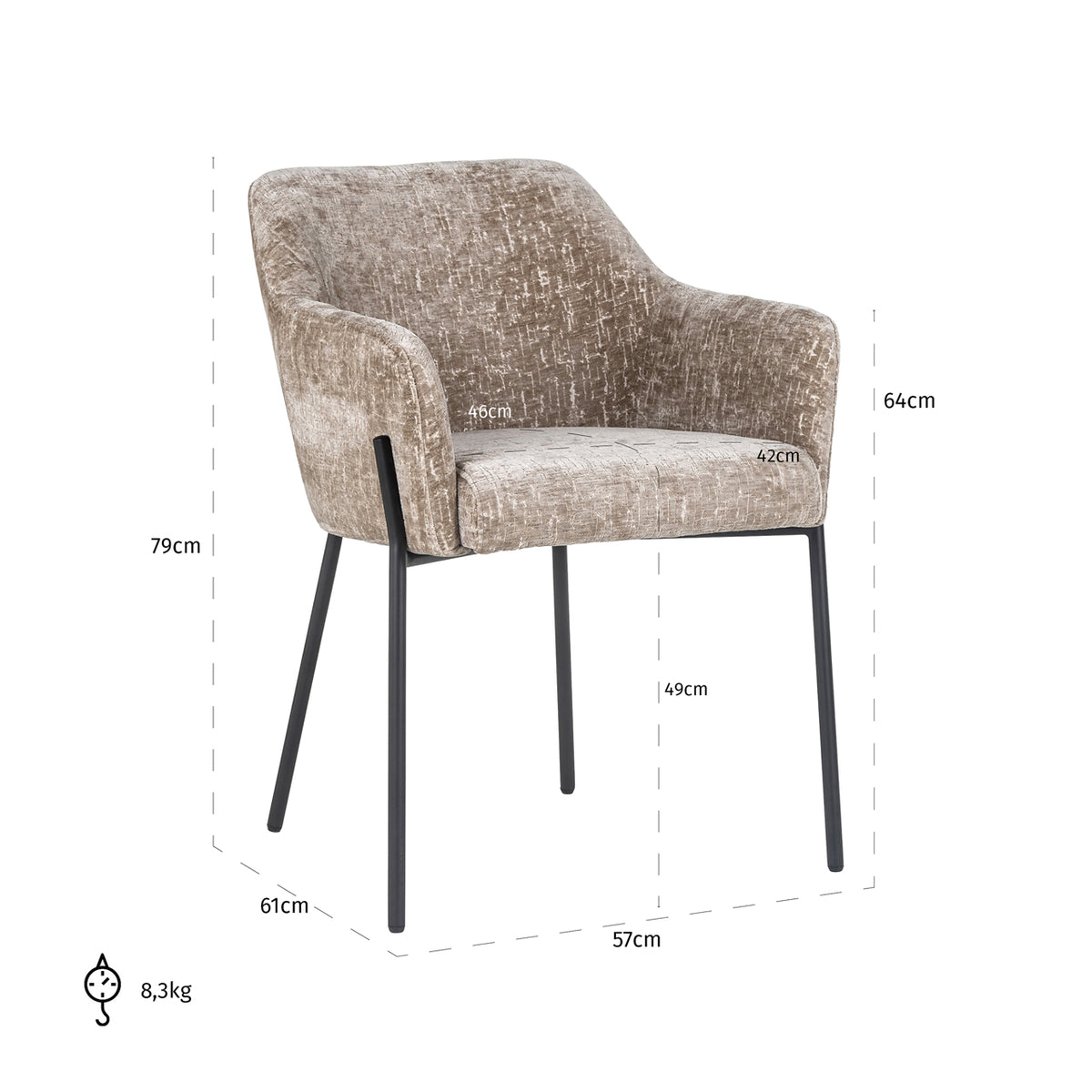 Scaun dining Fay, shitake island – desen tehnic cu dimensiuni