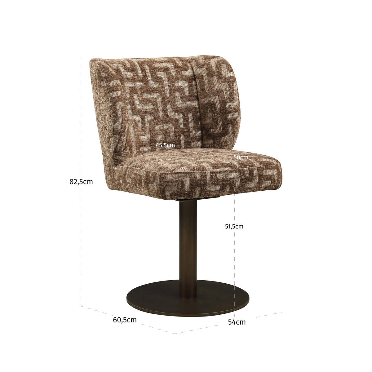 Scaun dining Fiona, labyrinth maro, rotativ – desen tehnic cu dimensiuni