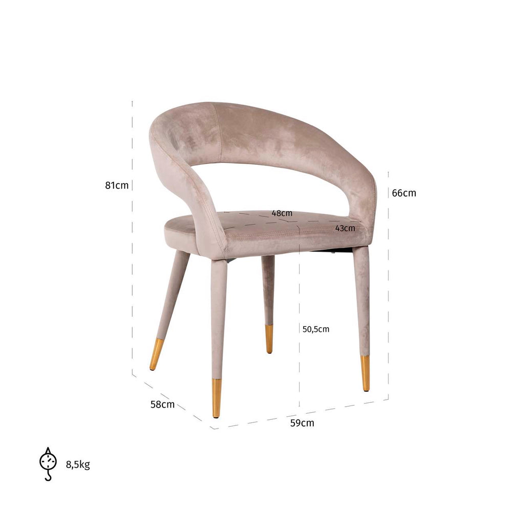 Scaun dining Gia, catifea kaki, ignifug – desen tehnic cu dimensiuni