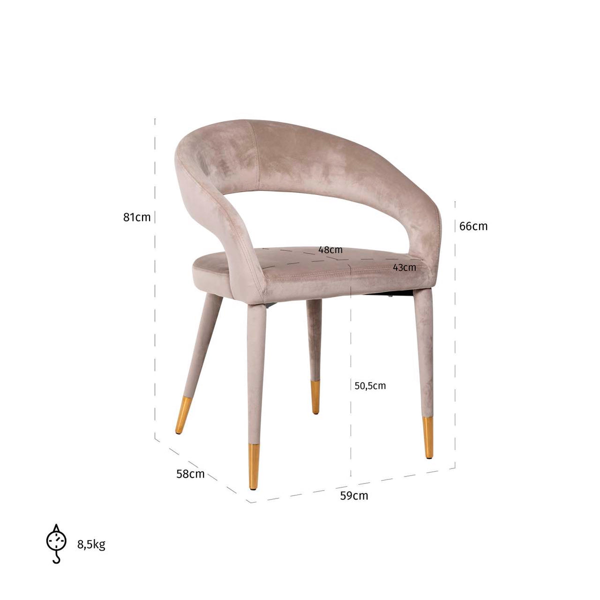 Scaun dining Gia, catifea kaki, ignifug – desen tehnic cu dimensiuni