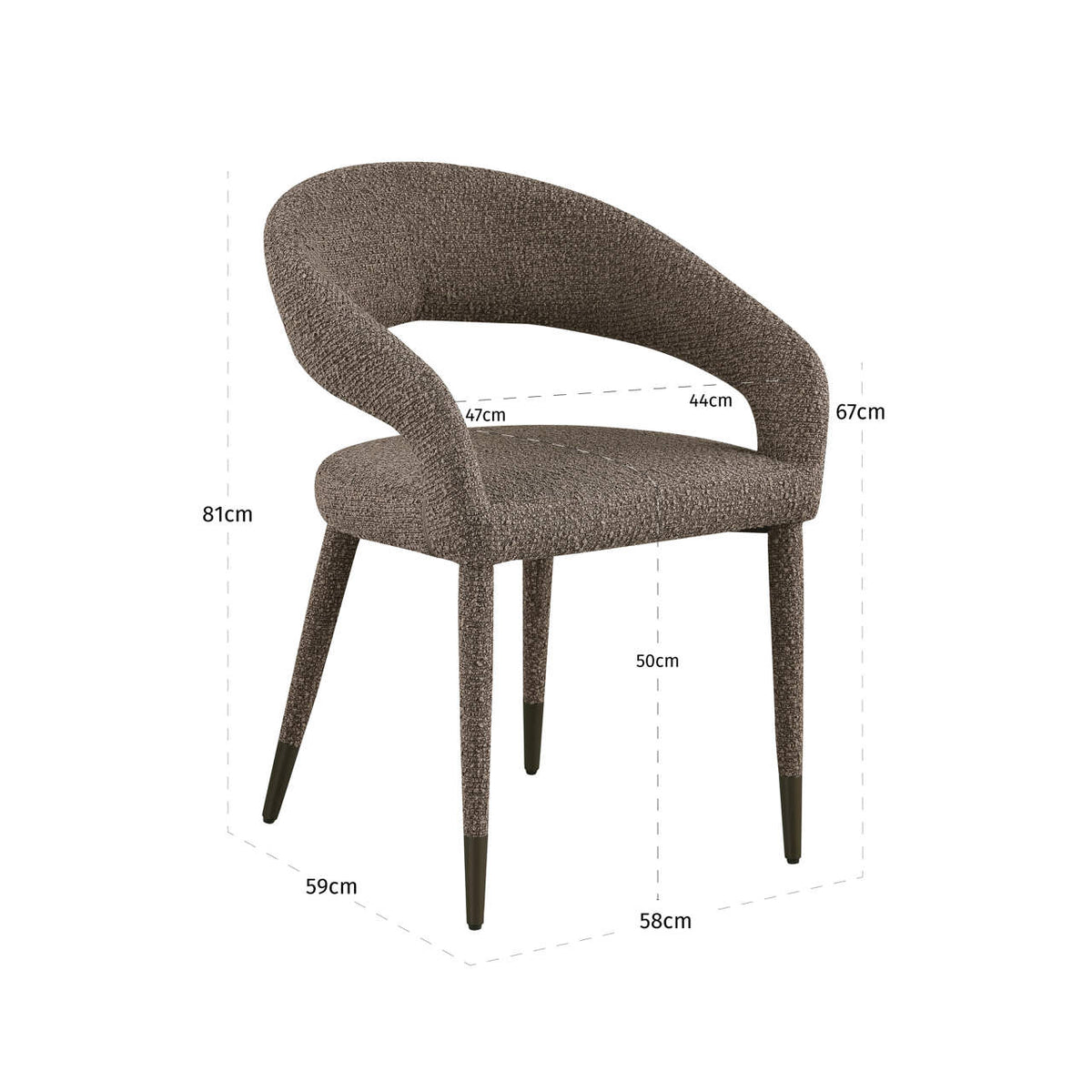 Scaun dining Gia, chunky maro – desen tehnic cu dimensiuni