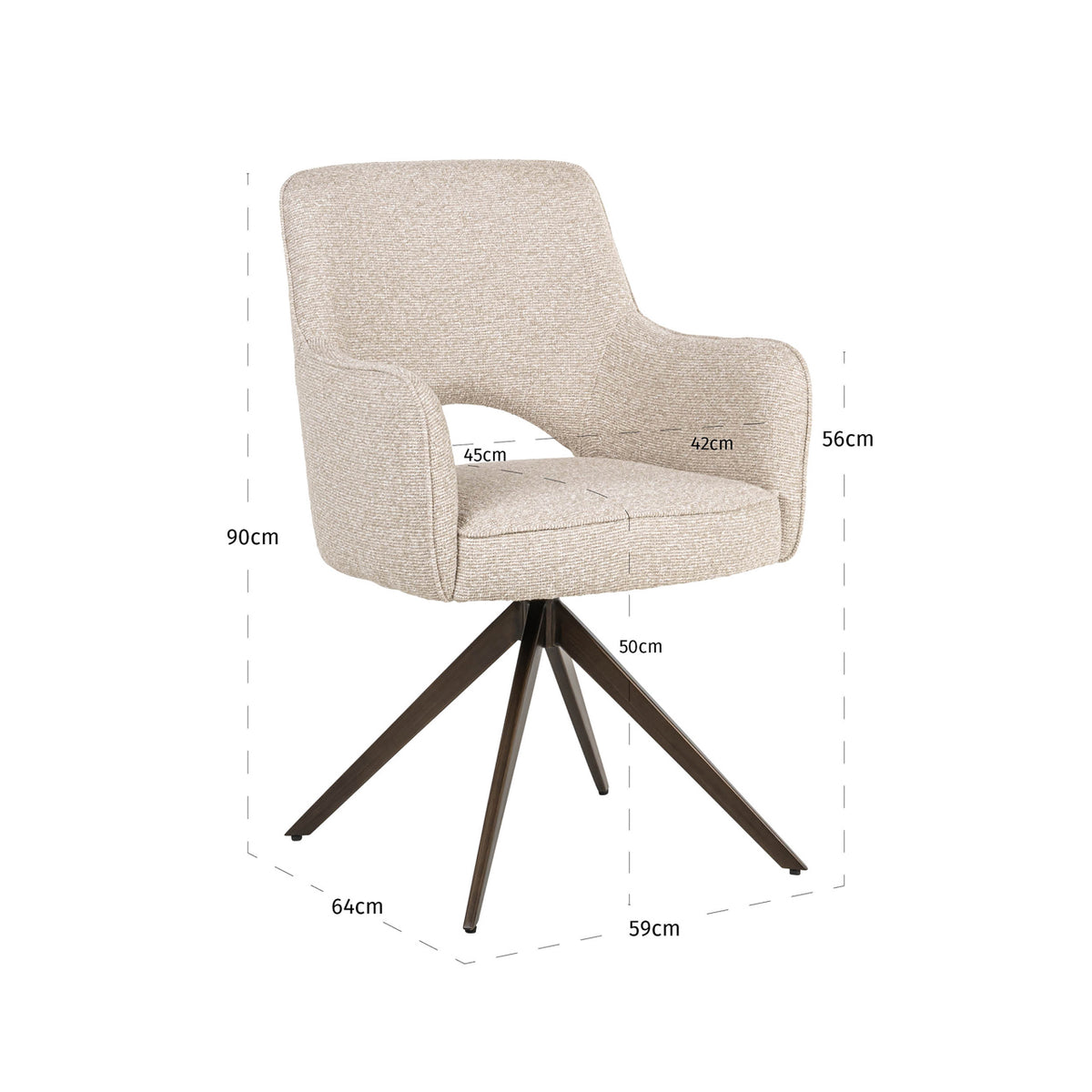 Scaun dining Ginerva, biscotti, rotativ – desen tehnic cu dimensiuni