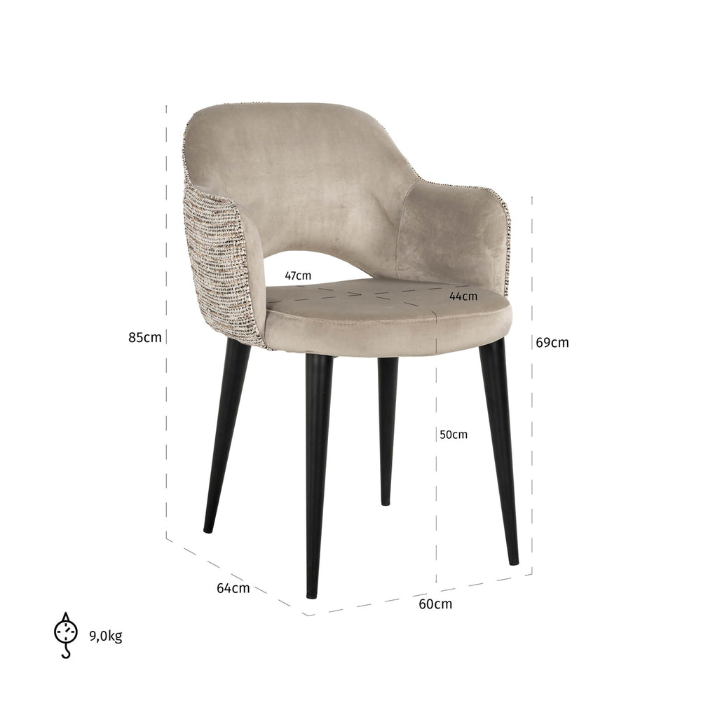Scaun dining Giovanna, trendy nature / catifea kaki, ignifug – desen tehnic cu dimensiuni