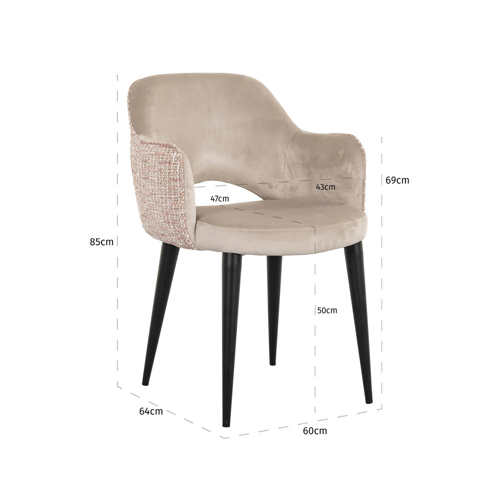 Scaun dining Giovanna, trendy rose / catifea kaki – desen tehnic cu dimensiuni