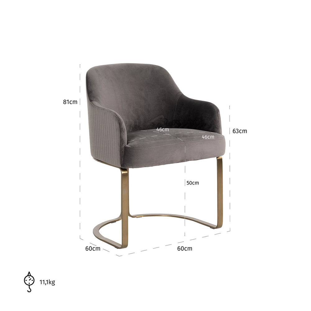 Scaun dining Hadley, catifea stone – desen tehnic cu dimensiuni