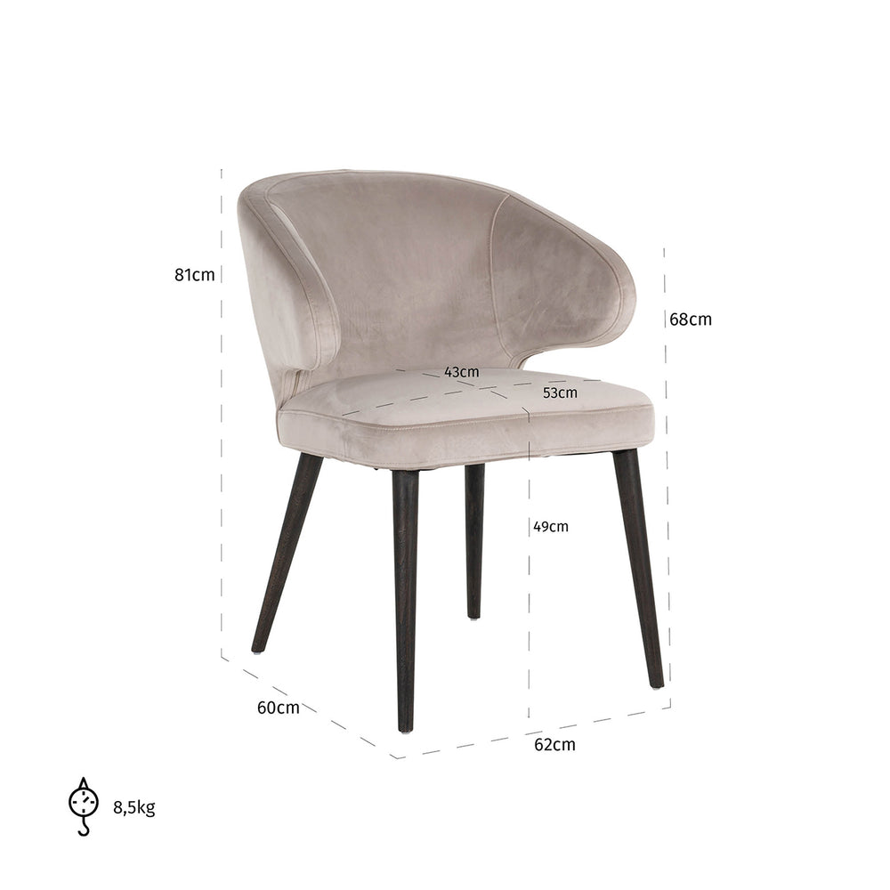 Scaun dining Indigo, catifea kaki – desen tehnic cu dimensiuni