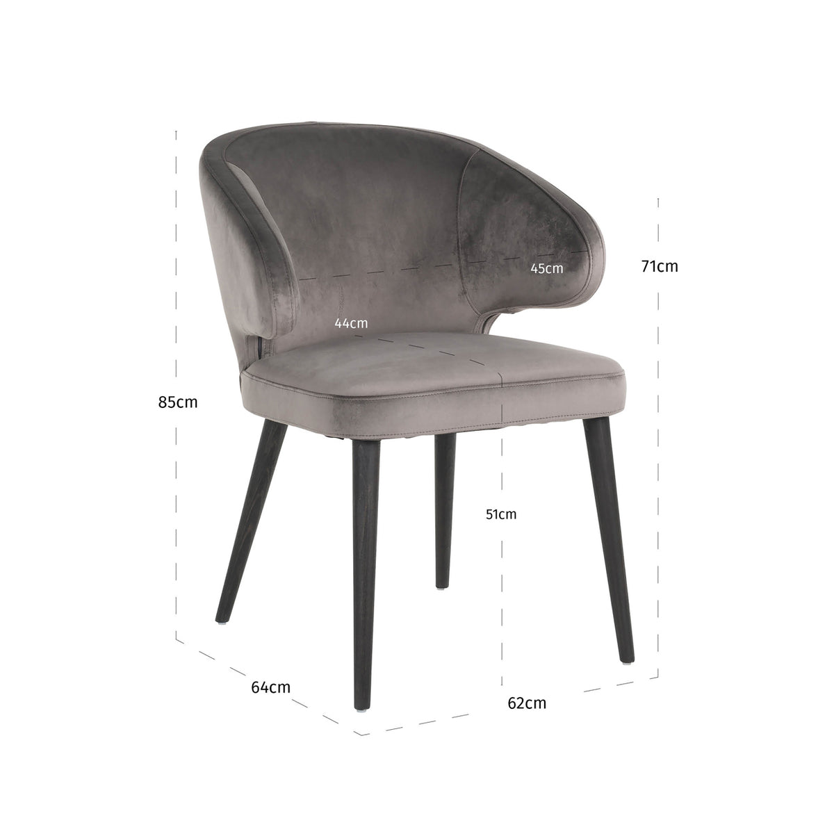 Scaun dining Indigo, catifea stone – desen tehnic cu dimensiuni
