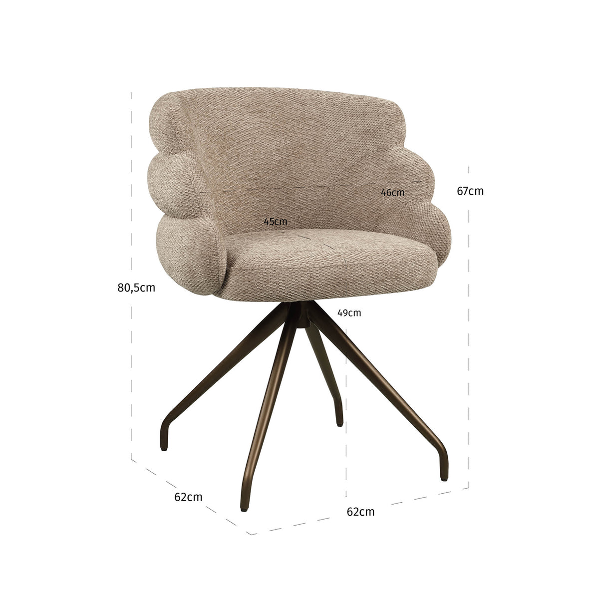 Scaun dining Kayla, boldweave moca, rotativ – desen tehnic cu dimensiuni