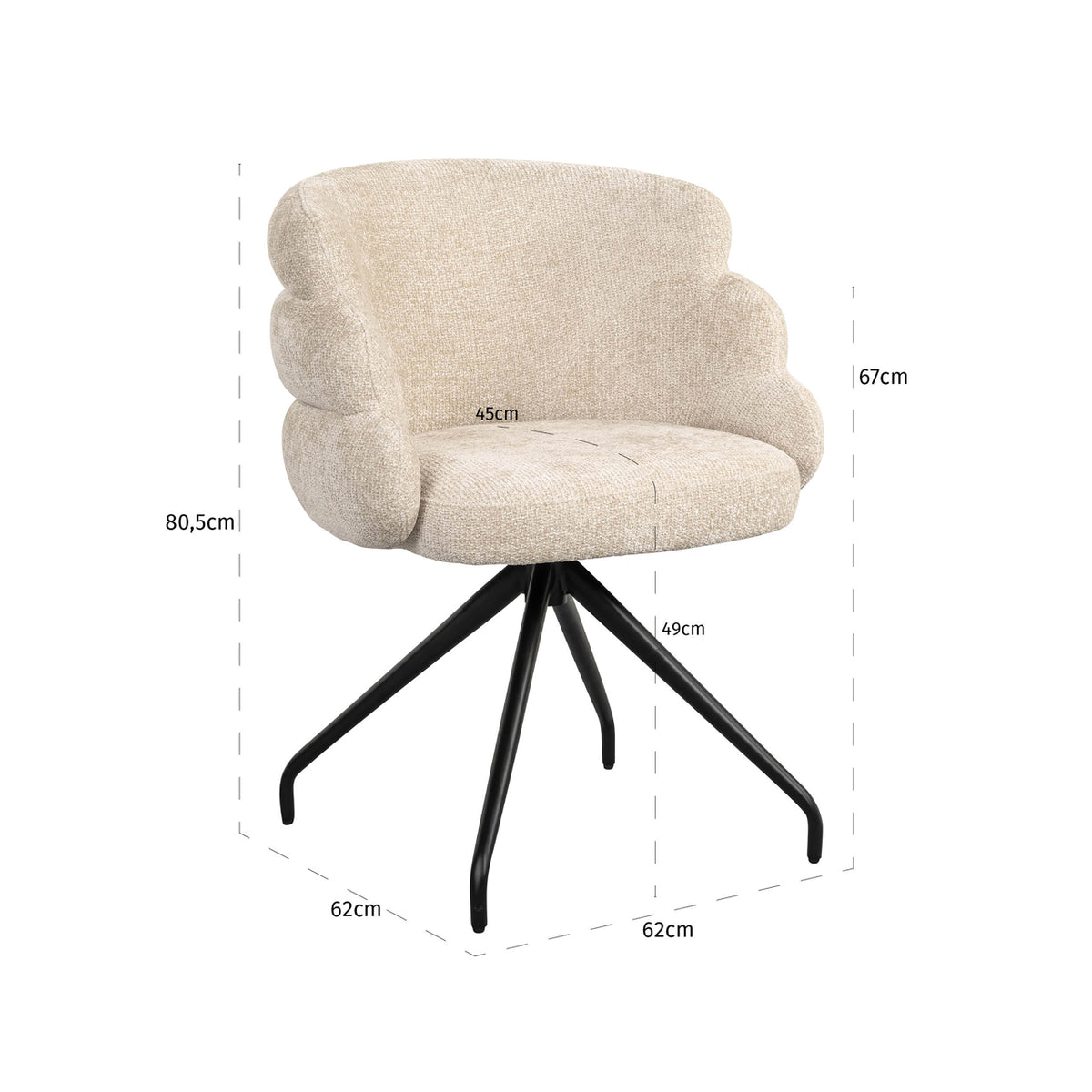 Scaun dining Kayla, cream unicorn, rotativ – desen tehnic cu dimensiuni