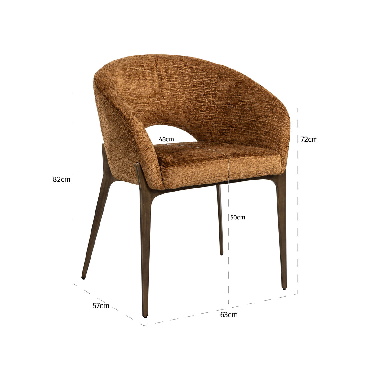 Scaun dining Kenzi, cognac fusion – desen tehnic cu dimensiuni