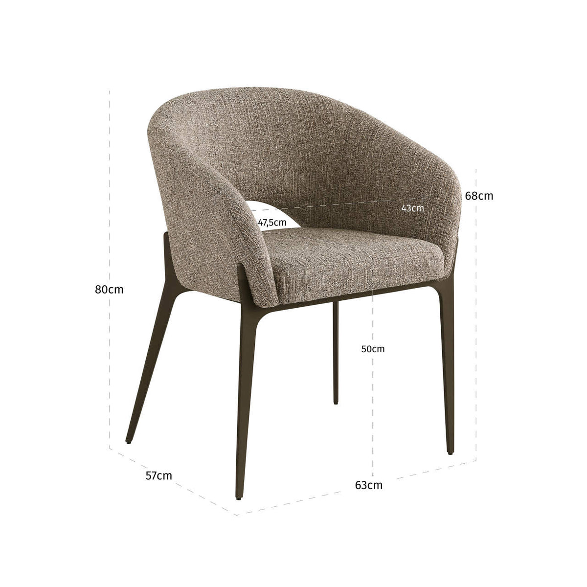 Scaun dining Kenzi, tweed maro – desen tehnic cu dimensiuni