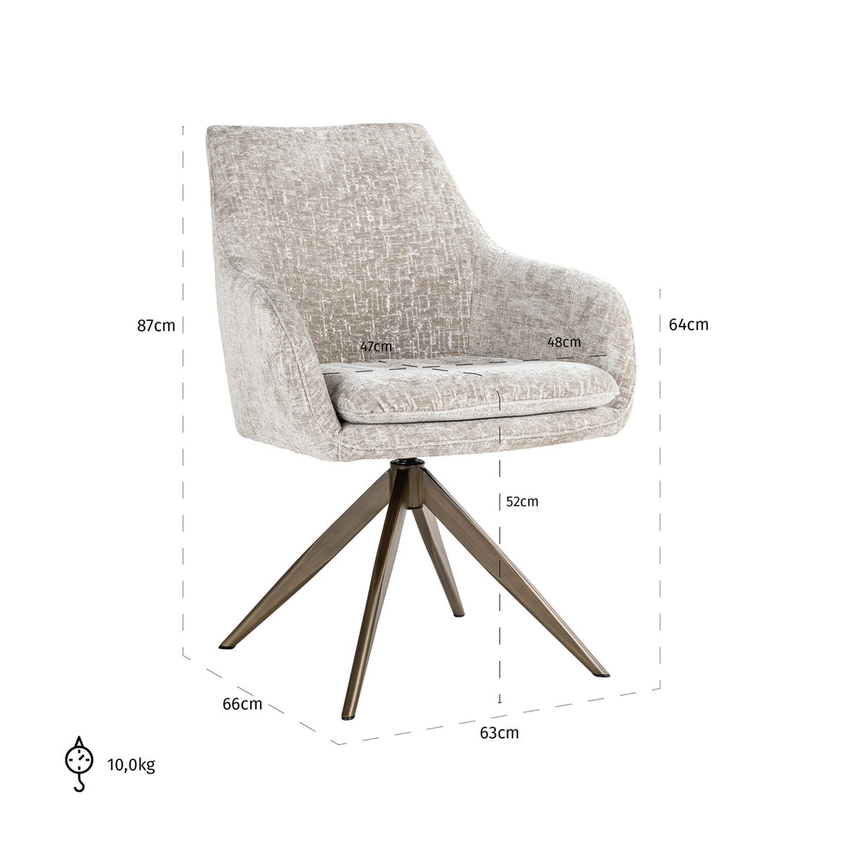 Scaun dining Lisonne, pearl island, rotativ – desen tehnic cu dimensiuni