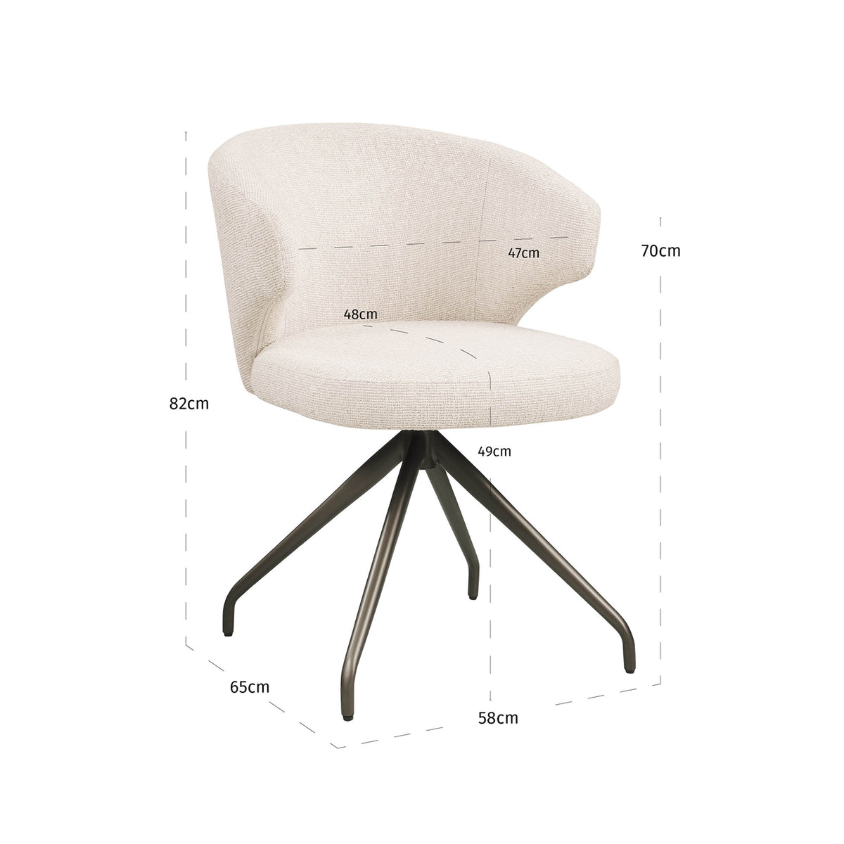 Scaun dining Milly, biscotti, rotativ – desen tehnic cu dimensiuni