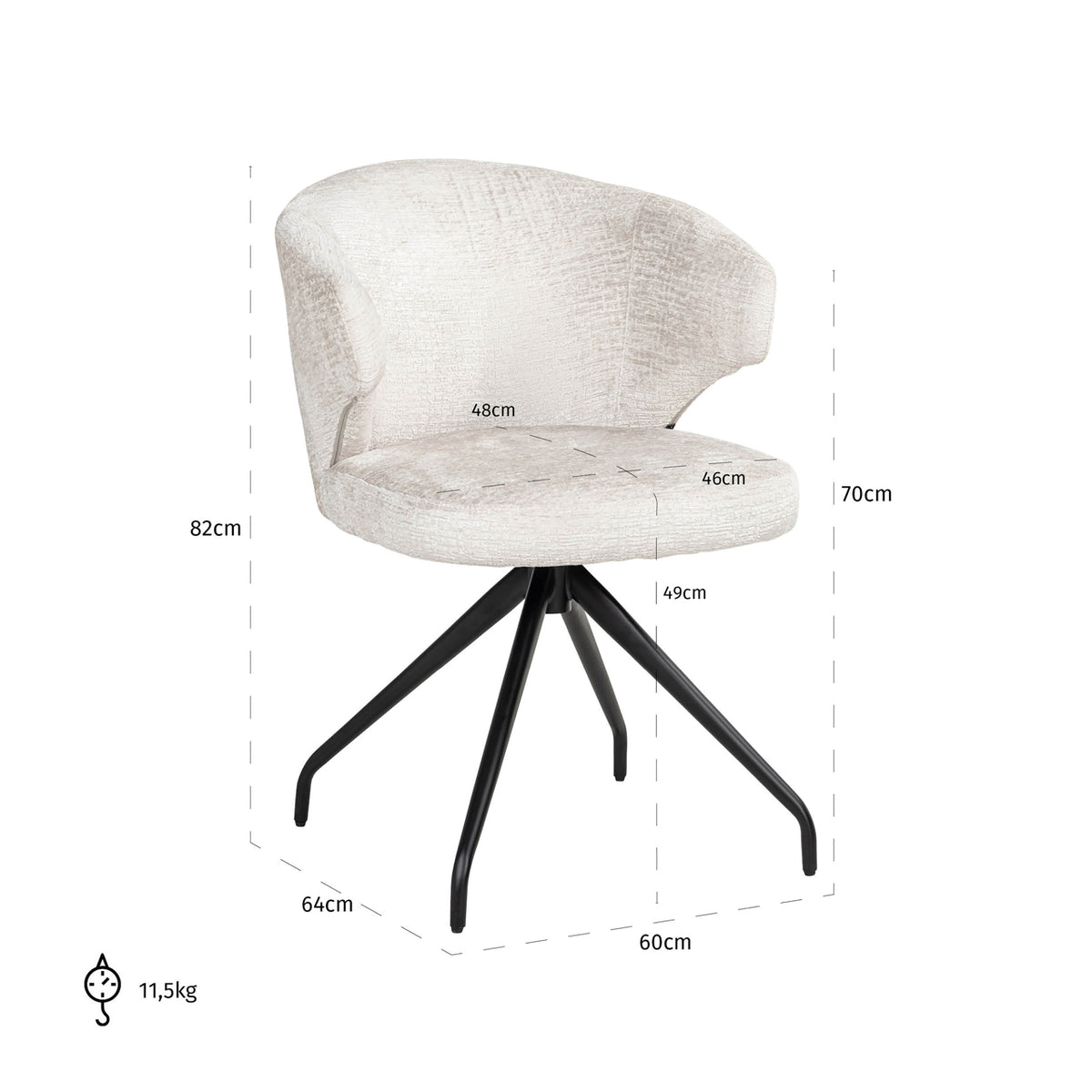 Scaun dining Milly, fusion crem, rotativ – desen tehnic cu dimensiuni