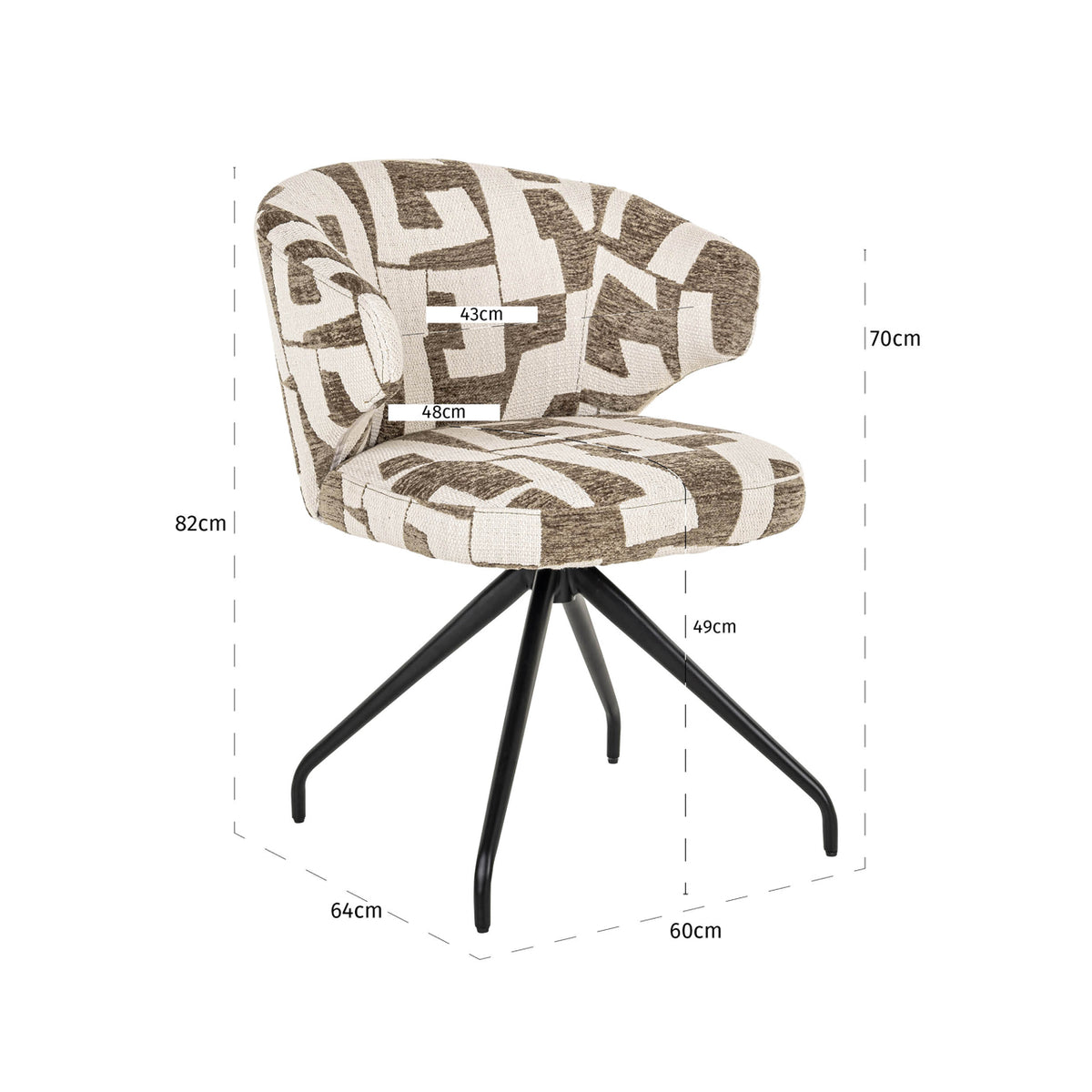 Scaun dining Milly, moss graffic, rotativ – desen tehnic cu dimensiuni