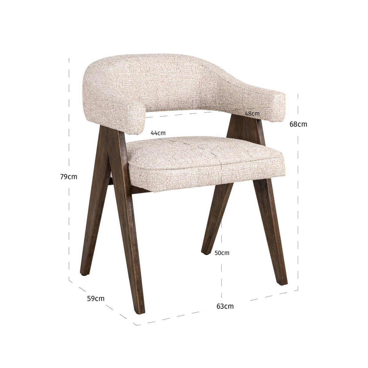 Scaun dining Mori, tweed crem, ignifug – desen tehnic cu dimensiuni