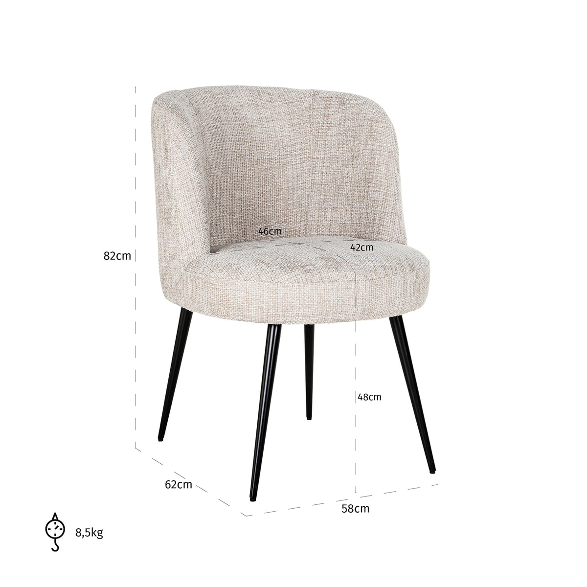 Scaun dining Morton, renegade natural – desen tehnic cu dimensiuni