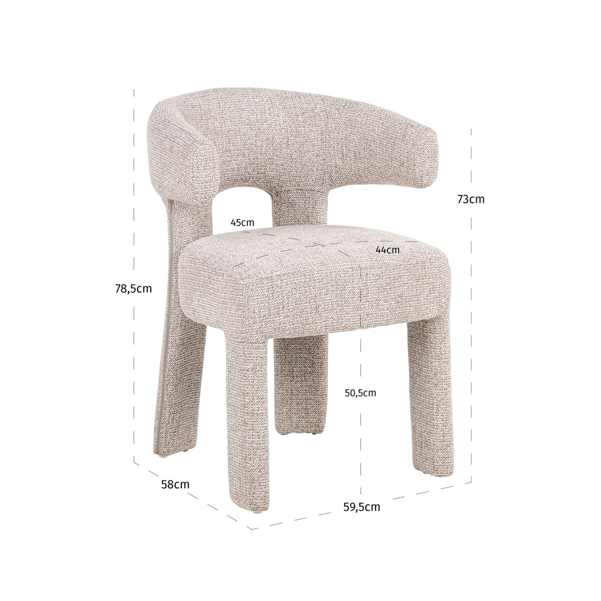 Scaun dining Nerio, fancy natural – desen tehnic cu dimensiuni