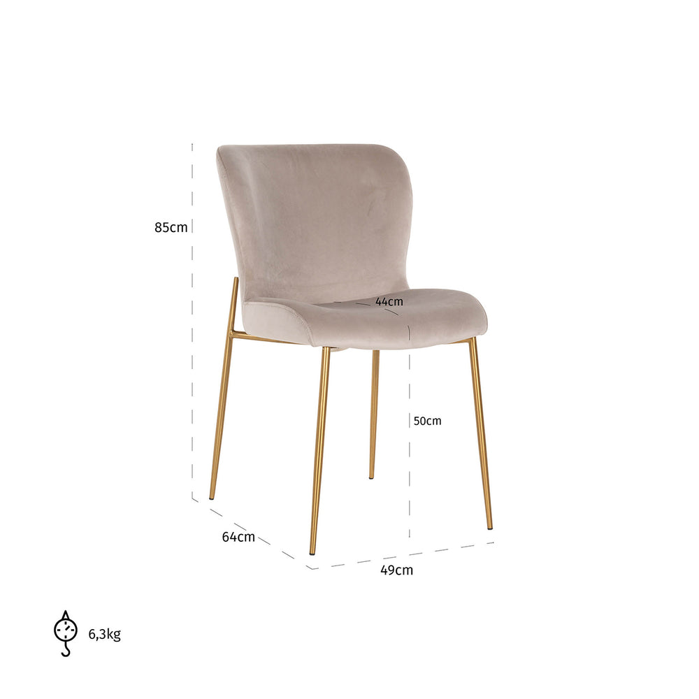 Scaun dining Odessa, catifea kaki, ignifug (set de 2) – desen tehnic cu dimensiuni