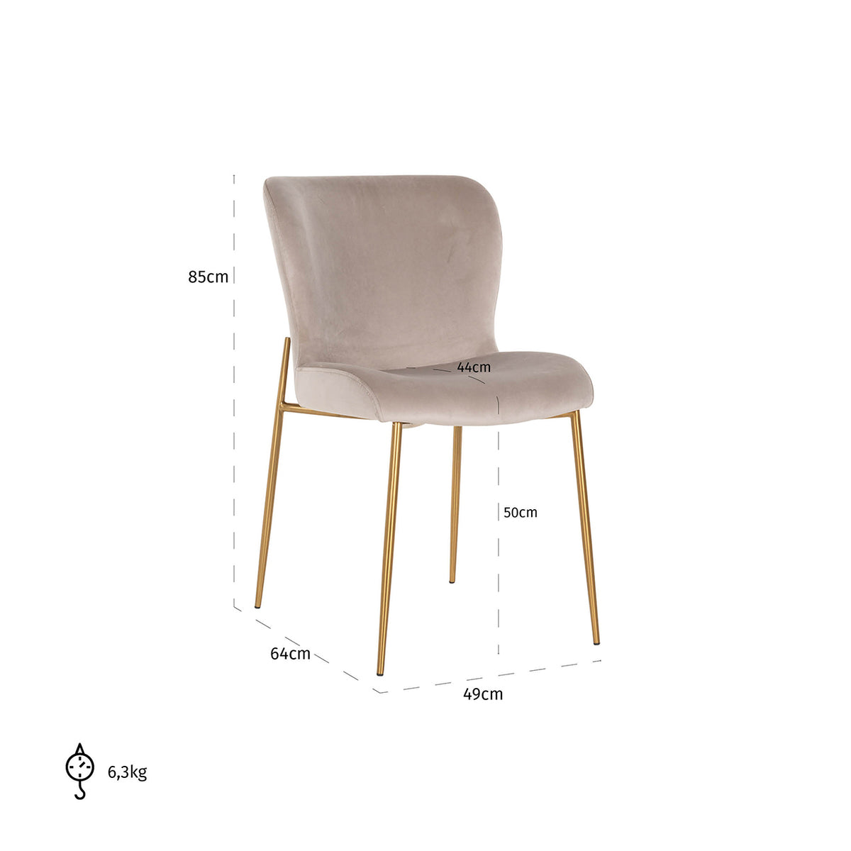 Scaun dining Odessa, catifea kaki, ignifug (set de 2) – desen tehnic cu dimensiuni