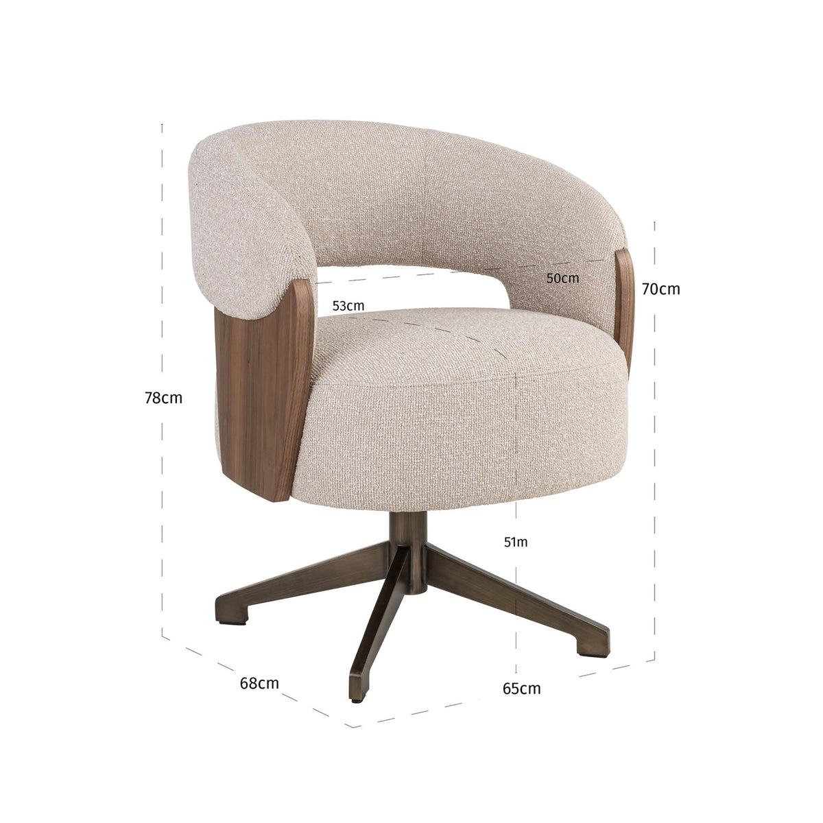 Scaun dining Pollux, lodge desert nuc, rotativ – desen tehnic cu dimensiuni